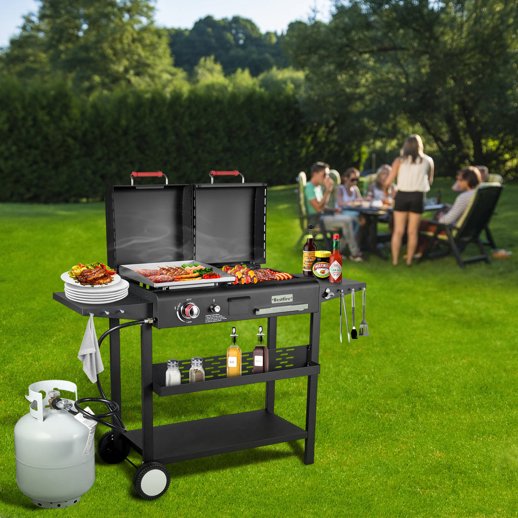 Dual Fuel Propane Gas Charcoal Grill Combo Black Dual Lids, Flat Top Grill With 2 Side Shelves for BBQ, Outdoor and Backyard Cooking