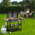 Dual Fuel Propane Gas Charcoal Grill Combo Black Dual Lids, Flat Top Grill With 2 Side Shelves for BBQ, Outdoor and Backyard Cooking