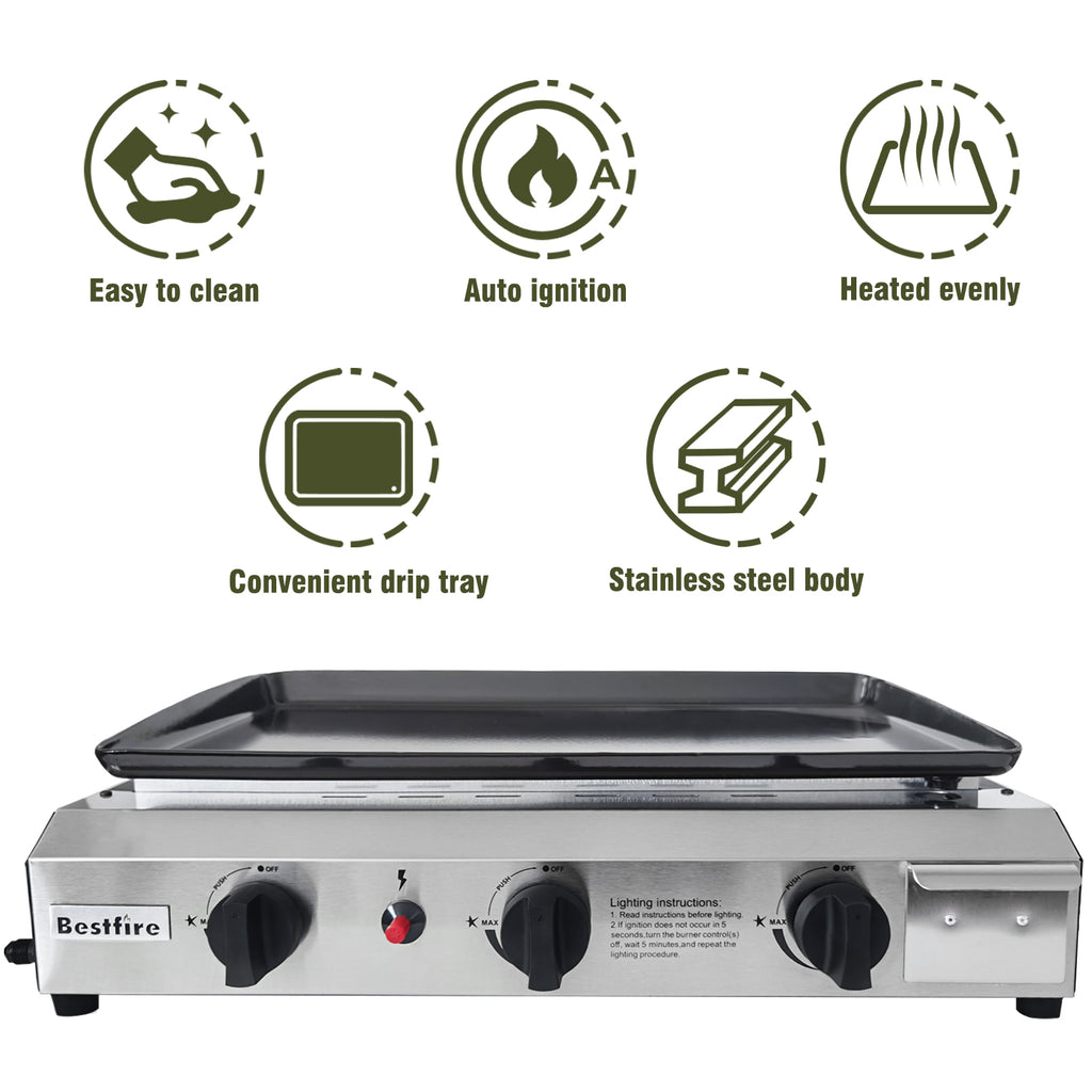 3 Burners Gas Propane Griddle,Outdoor Portable Propane Gas Grill Griddle-30000 BTU, Stainless Steel Flat Top Griddle Station for Kitchen, BBQ, Camping Tailgating 23 Inch Flat Top Grill