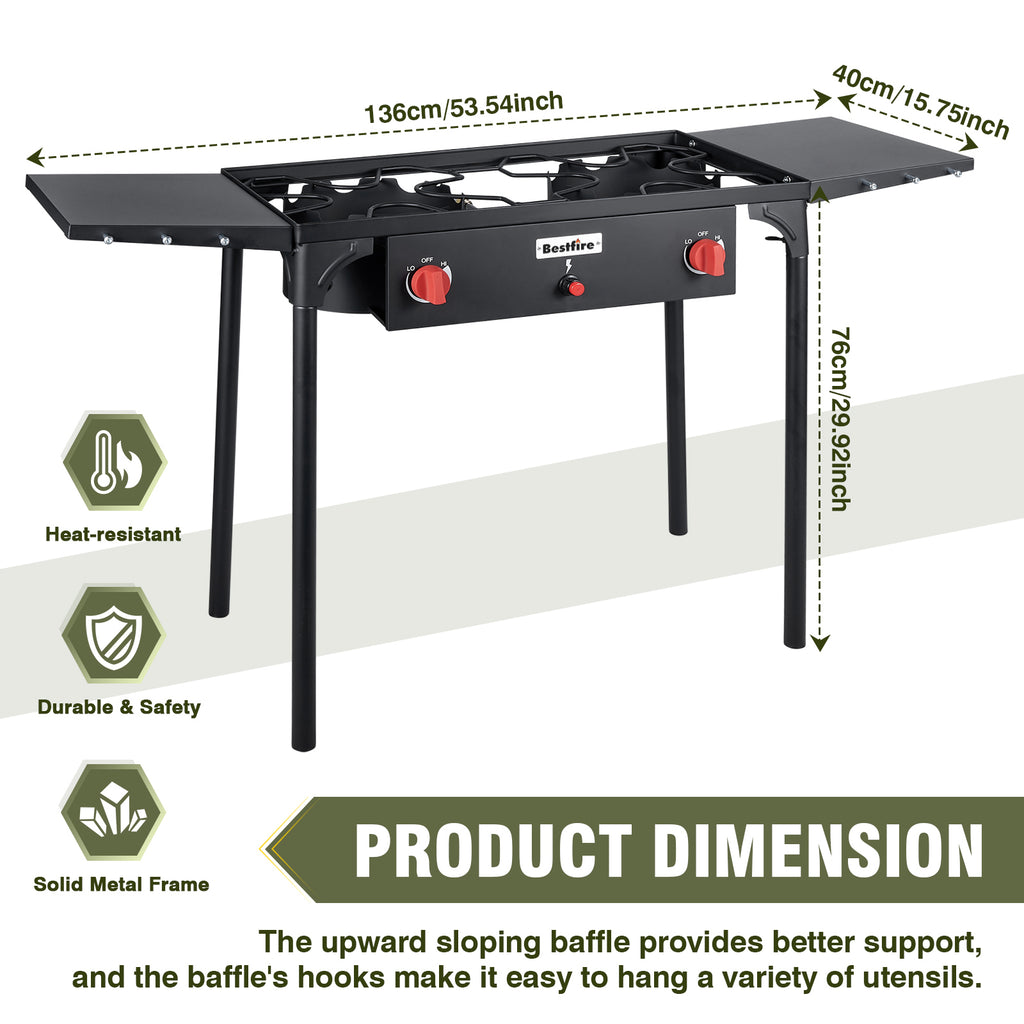 2 burner Camping Stove with Auto Ignition Button,Side Shelves & Regulator150,000 BTU Gas Stove Propane Burner With Removable Legs for Outdoor BBQ&Backyard Cooking Camping Home