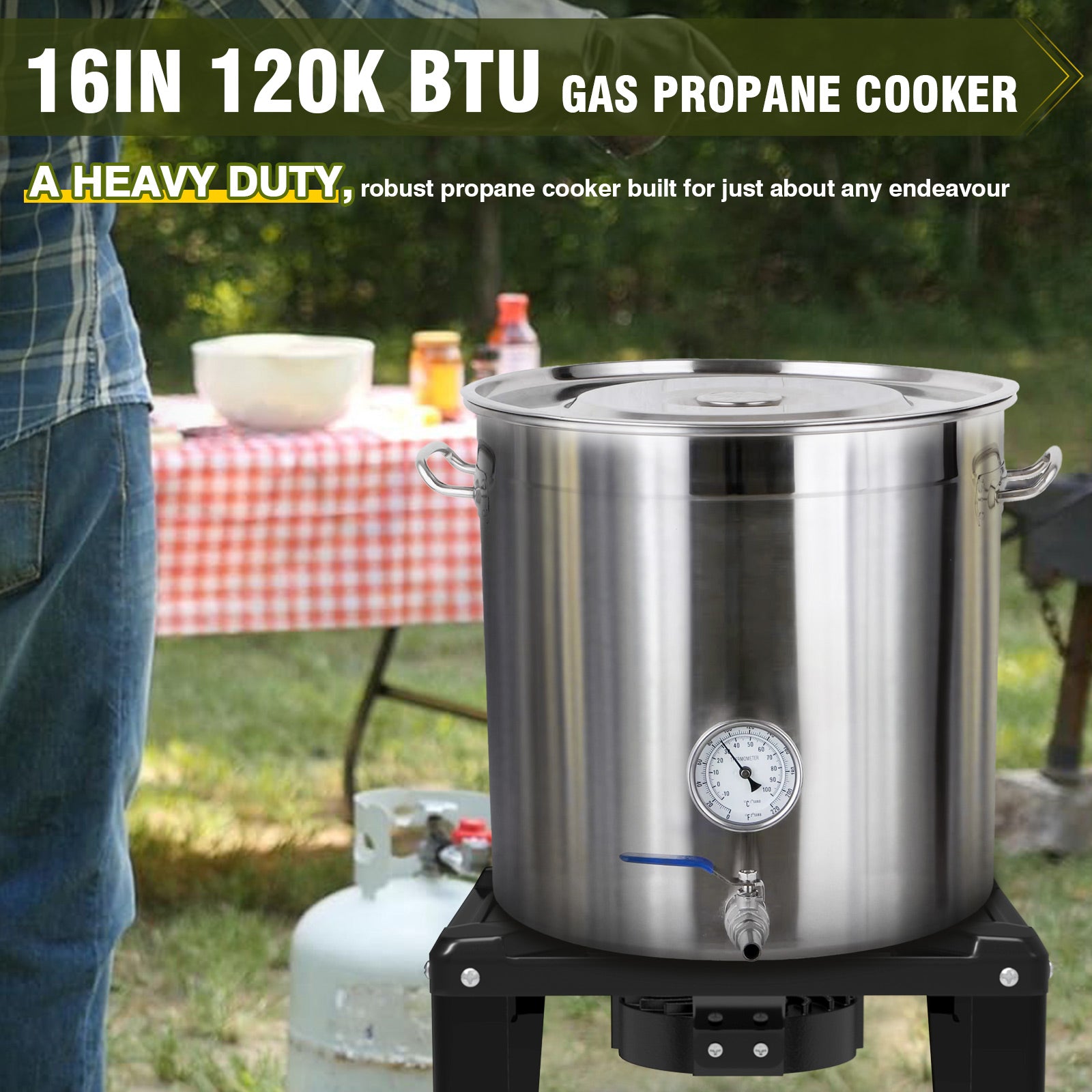High Pressure Propane Burner, 120000 BTU Single Propane Stove with 4.1ft 0-20Psi Adjustable Hose with Regulator, 16" Square Steel Cooktop for Camping