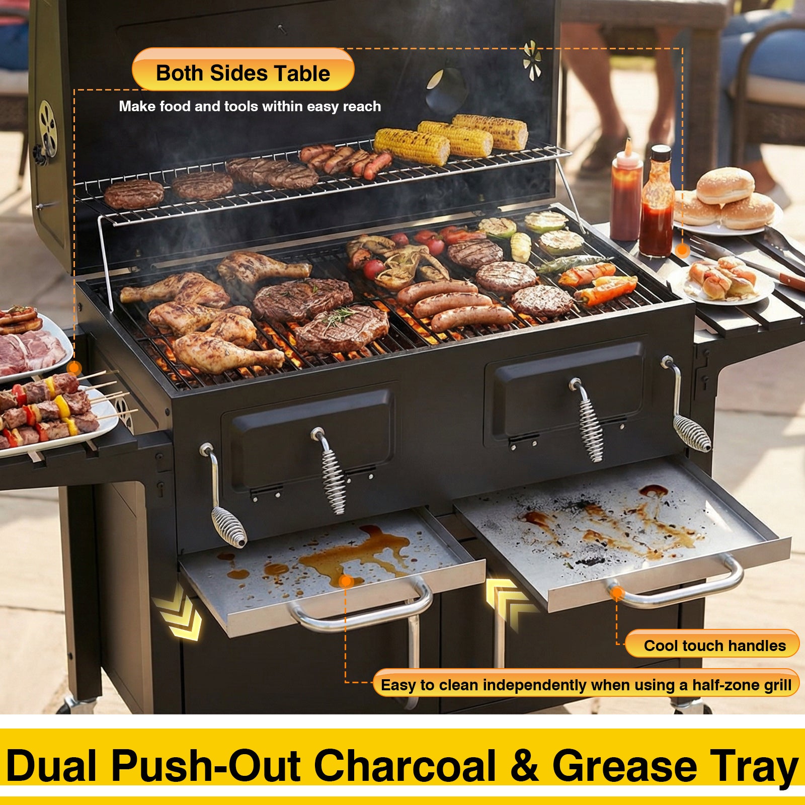 Bestfire 63" Oversized Charcoal BBQ Grill & Smoker, Large Outdoor Grill with 2 Individual Lifting Charcoal Trays, Cabinet-Style Charcoal Grills with Foldable Side Tables, 4 Wheels, Asadores de Carbon