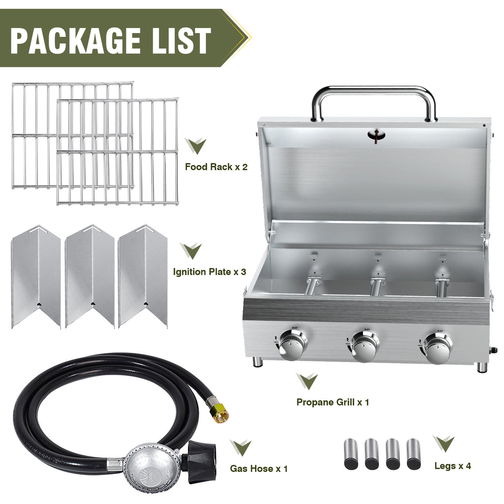 Bestfire 3-Burner Tabletop Gas Grill, 30,000 BTU Portable Propane Grill, Heavy-Duty Thickened Stainless Steel Grates, Stainless Steel Knobs, Compact & Detachable Legs for Camping, RV&BBQ