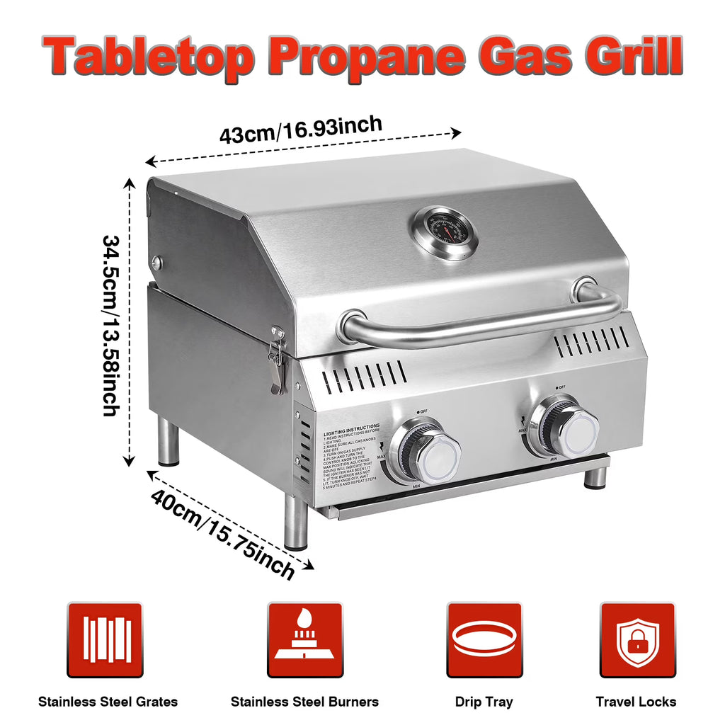 Bestfire 20" Tabletop Gas Grill 2 Burners, 20,000 BTUs Stainless Steel Portable Propane Grill with Legs for Outdoor Patio Backyard Camping, Tailgating, and RV Trips