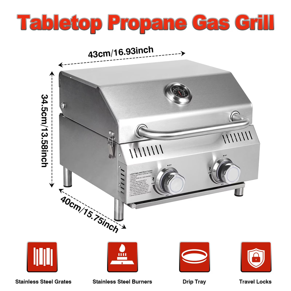 Bestfire 20" Tabletop Gas Grill 2 Burners, 20,000 BTUs Stainless Steel Portable Propane Grill with Legs for Outdoor Patio Backyard Camping, Tailgating, and RV Trips
