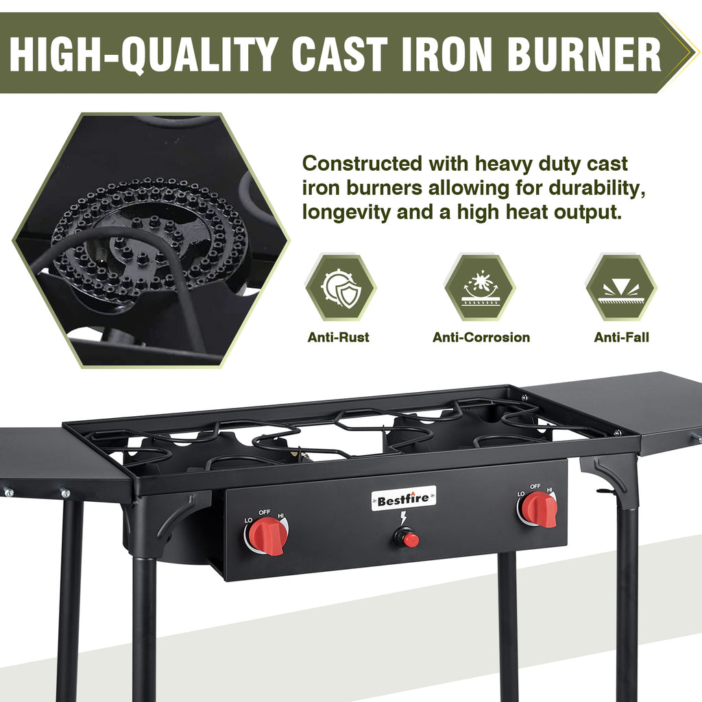 2 burner Camping Stove with Auto Ignition Button,Side Shelves & Regulator150,000 BTU Gas Stove Propane Burner With Removable Legs for Outdoor BBQ&Backyard Cooking Camping Home