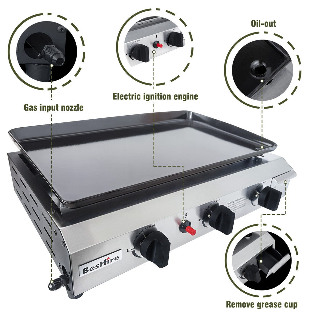 3 Burners Gas Propane Griddle,Outdoor Portable Propane Gas Grill Griddle-30000 BTU, Stainless Steel Flat Top Griddle Station for Kitchen, BBQ, Camping Tailgating 23 Inch Flat Top Grill