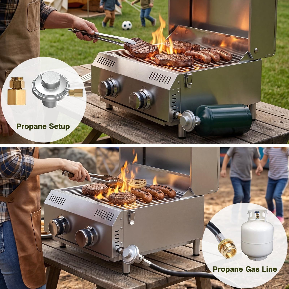 BESTFIRE 2 Burner Portable Propane Gas Grill, 20,000 BTU Tabletop Outdoor BBQ Grill with Dual Fuel Connections, Stainless Steel Grates, Push Button Ignition, Thermometer for Camping RV Tailgating
