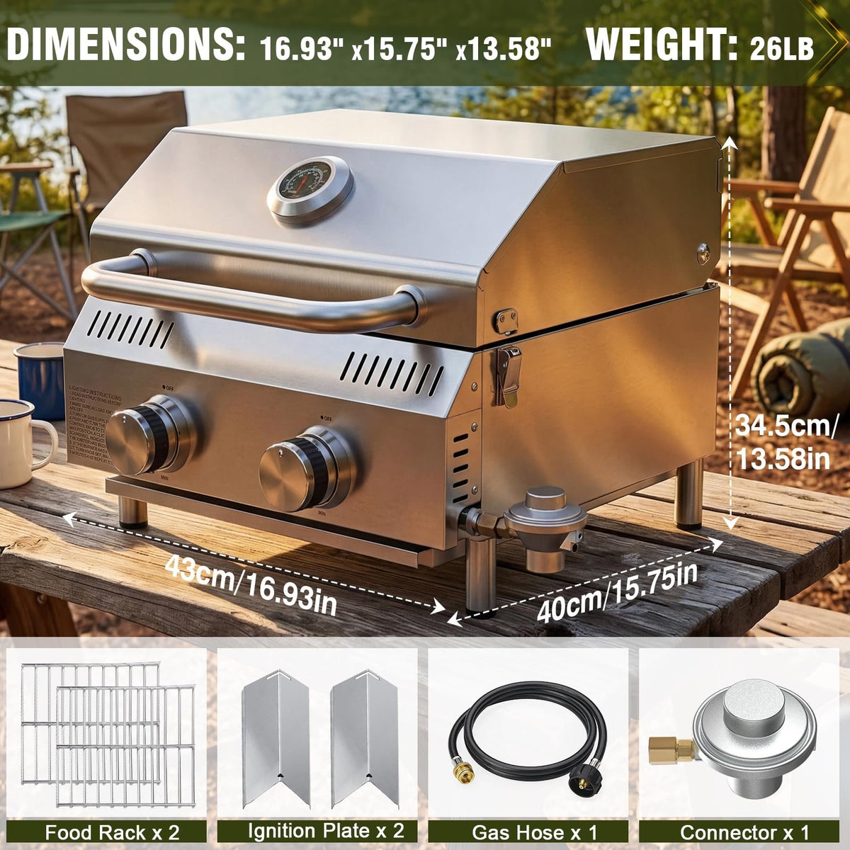 BESTFIRE 2 Burner Portable Propane Gas Grill, 20,000 BTU Tabletop Outdoor BBQ Grill with Dual Fuel Connections, Stainless Steel Grates, Push Button Ignition, Thermometer for Camping RV Tailgating