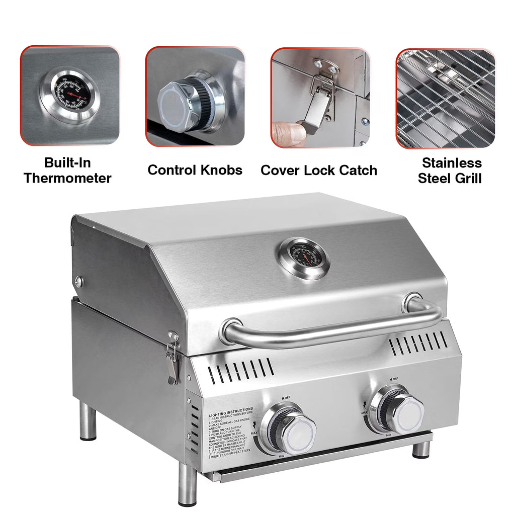 Bestfire 20" Tabletop Gas Grill 2 Burners, 20,000 BTUs Stainless Steel Portable Propane Grill with Legs for Outdoor Patio Backyard Camping, Tailgating, and RV Trips