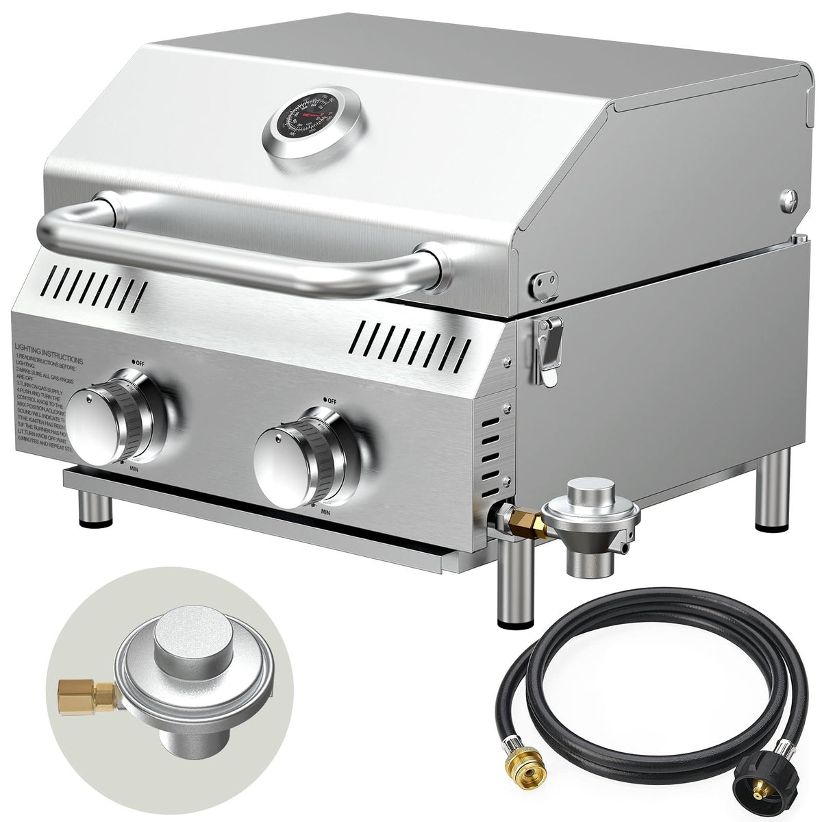 BESTFIRE 2 Burner Portable Propane Gas Grill, 20,000 BTU Tabletop Outdoor BBQ Grill with Dual Fuel Connections, Stainless Steel Grates, Push Button Ignition, Thermometer for Camping RV Tailgating