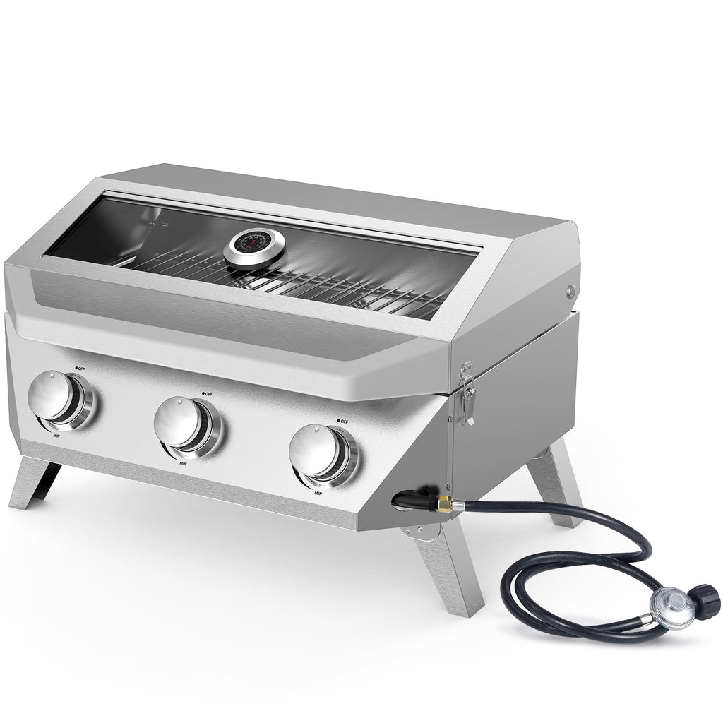 BESTFIRE 3-Burner Tabletop Gas Grill with Viewing Glass, 30,000 BTU Stainless Steel Portable Propane BBQ Grill with Thermometer, Professional Outdoor Cooking for Patio, Camping, RV and Tailgating