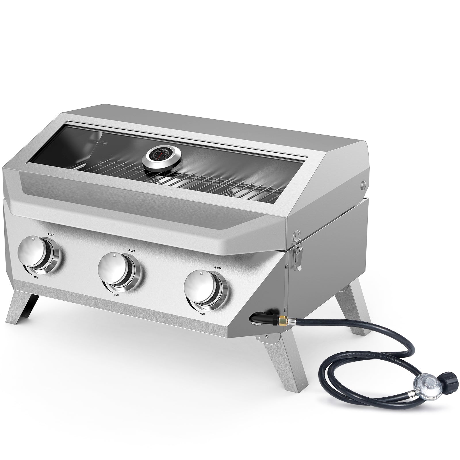 BESTFIRE 3-Burner Tabletop Gas Grill with Viewing Glass, 30,000 BTU Stainless Steel Portable Propane BBQ Grill with Thermometer, Professional Outdoor Cooking for Patio, Camping, RV and Tailgating