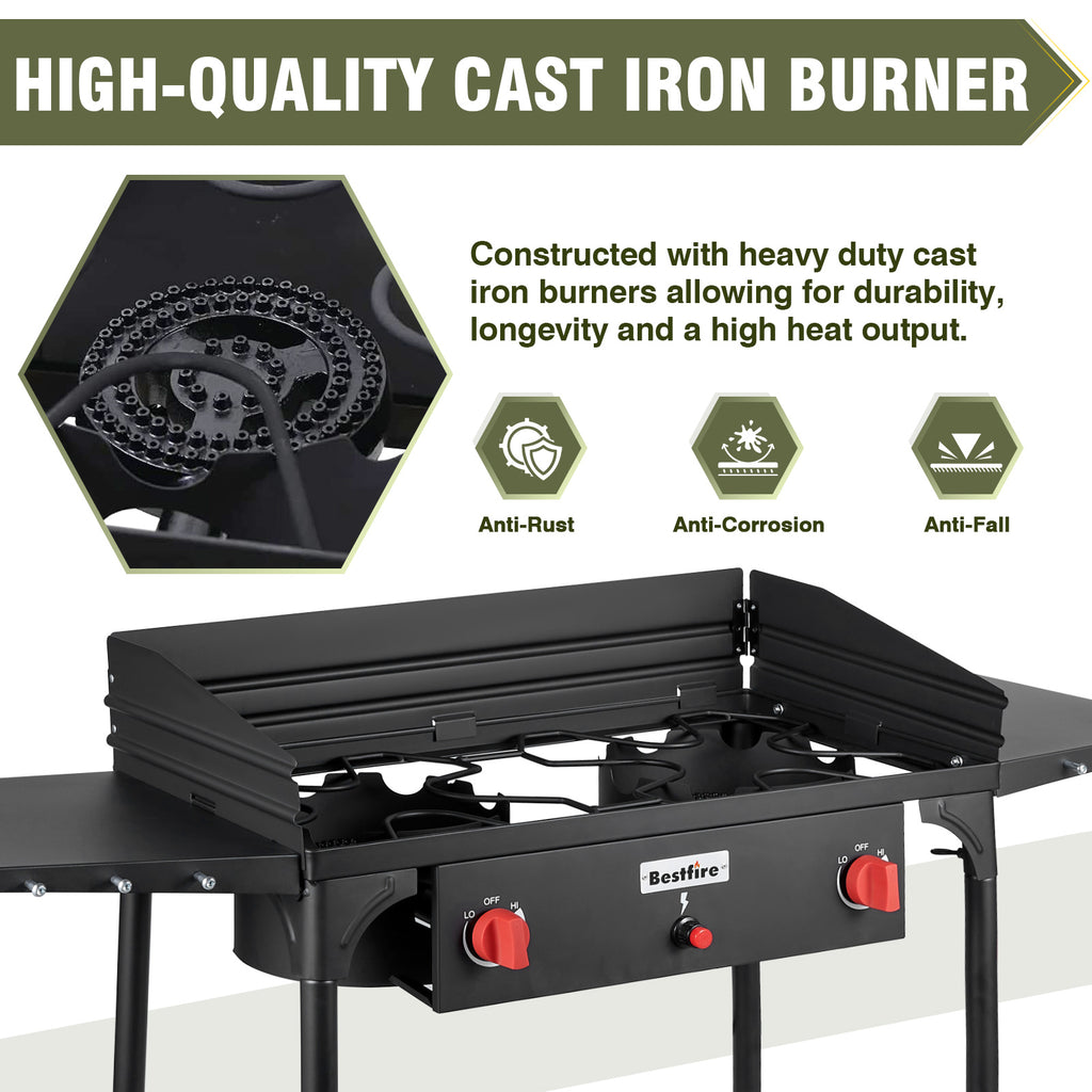 2 Burner Gamping Stove with Windpanel& Side Shelves, Bag, Auto Ignition Button,Regulator,150,000 BTU Camping Stove Propane Burner With Removable Legs for Outdoor BBQ&Backyard