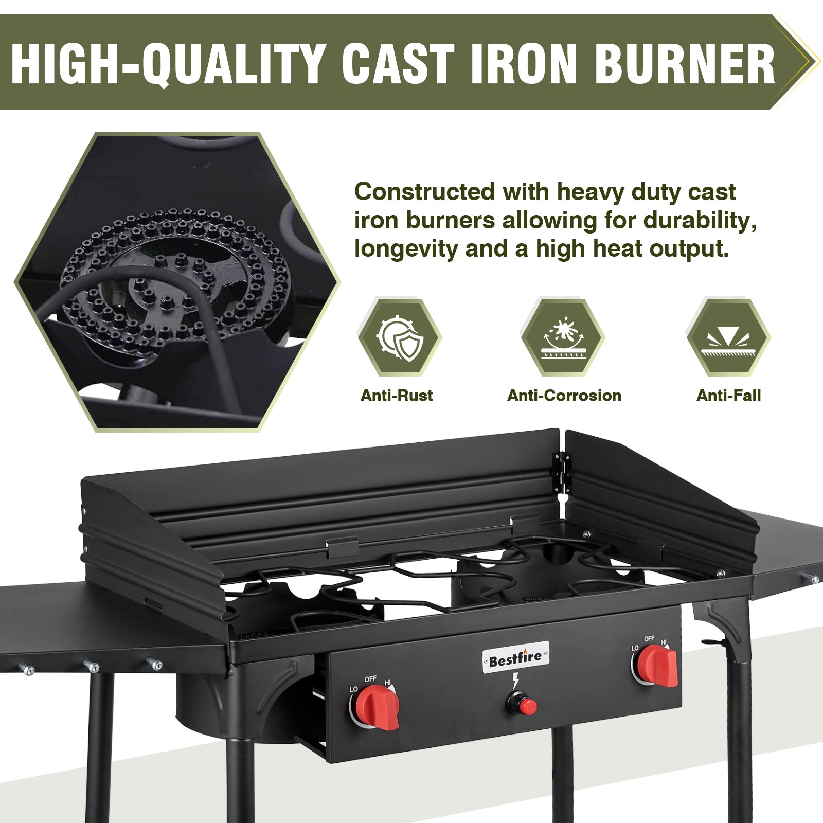 2 Burner Gamping Stove with Windpanel& Side Shelves, Bag, Auto Ignition Button,Regulator,150,000 BTU Camping Stove Propane Burner With Removable Legs for Outdoor BBQ&Backyard