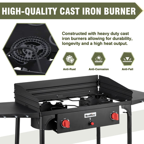 2 Burner Gamping Stove with Windpanel& Side Shelves, Bag, Auto Ignition Button,Regulator,150,000 BTU Camping Stove Propane Burner With Removable Legs for Outdoor BBQ&Backyard