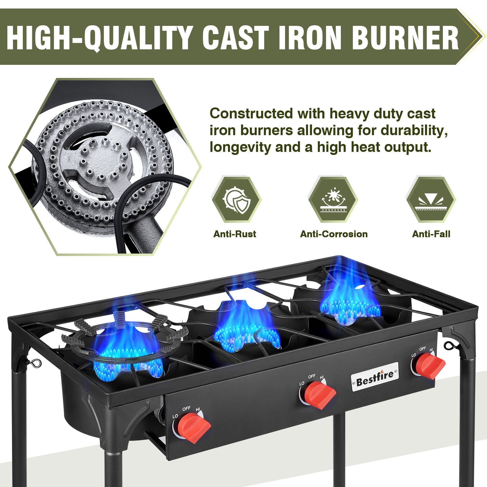 3 Burners Gamping Stove for Cooking Outdoor, 225,000 BTU Propane Burners with Auto Ignition Button&Removable Legs, Temperature Control Knobs and 20 PSIG High Pressure Regulator for BBQ
