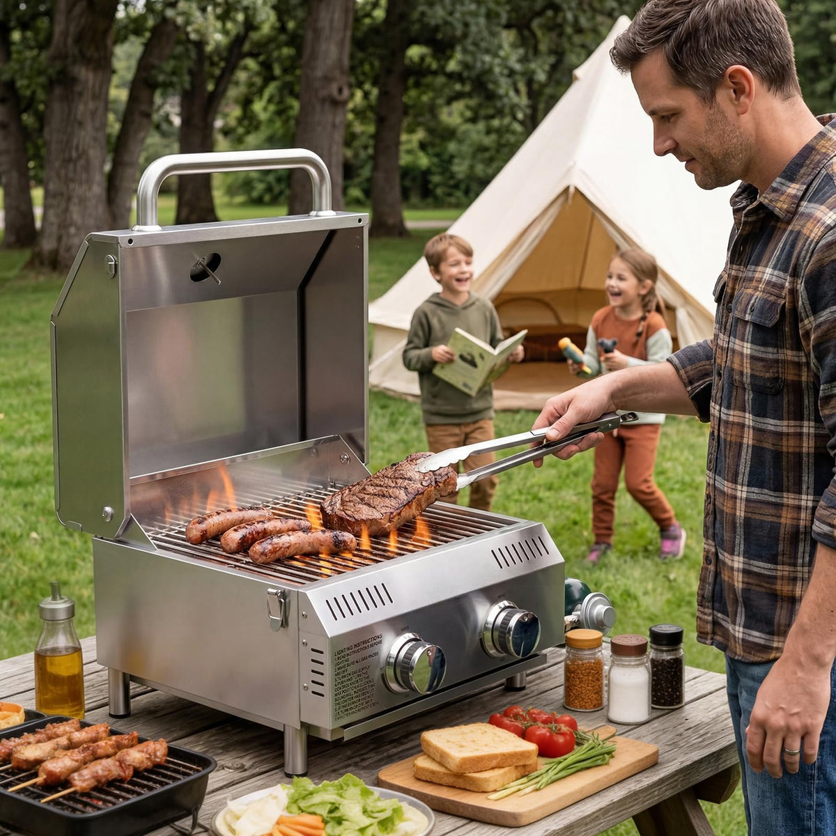 BESTFIRE 2 Burner Portable Propane Gas Grill, 20,000 BTU Tabletop Outdoor BBQ Grill with Dual Fuel Connections, Stainless Steel Grates, Push Button Ignition, Thermometer for Camping RV Tailgating