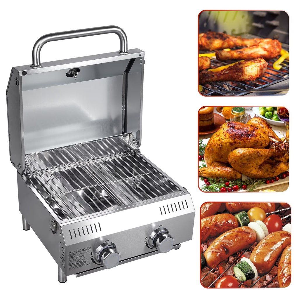 Bestfire 20" Tabletop Gas Grill 2 Burners, 20,000 BTUs Stainless Steel Portable Propane Grill with Legs for Outdoor Patio Backyard Camping, Tailgating, and RV Trips
