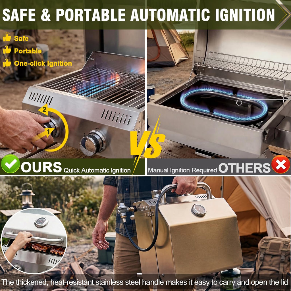BESTFIRE 2 Burner Portable Propane Gas Grill, 20,000 BTU Tabletop Outdoor BBQ Grill with Dual Fuel Connections, Stainless Steel Grates, Push Button Ignition, Thermometer for Camping RV Tailgating